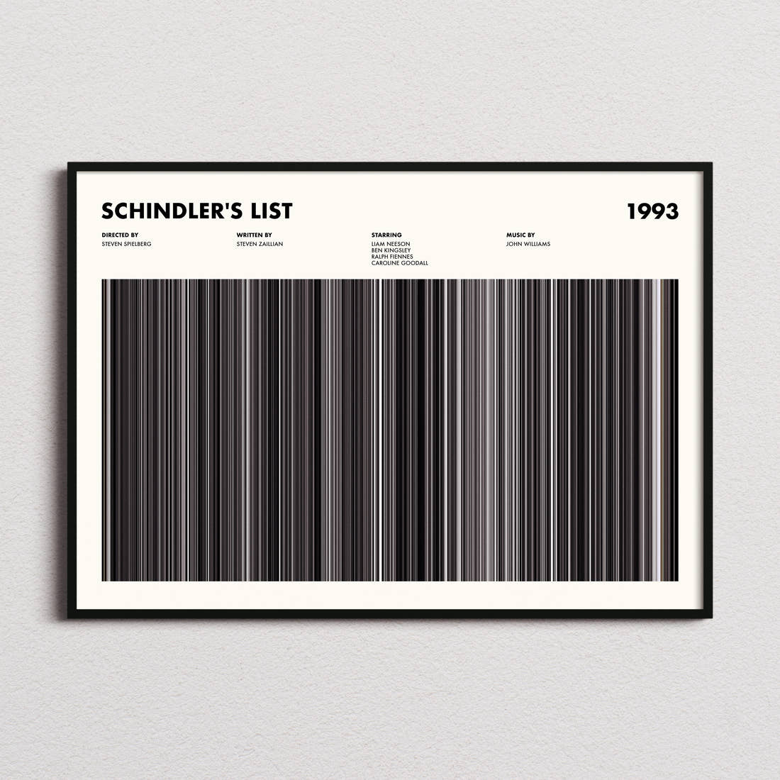 Schindler's List Movie Barcode Poster framed and photographed straight on