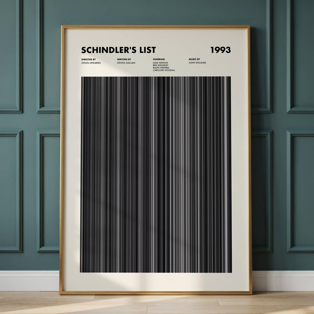 Schindler's List Movie Barcode Poster framed and leaning against a panelled wall