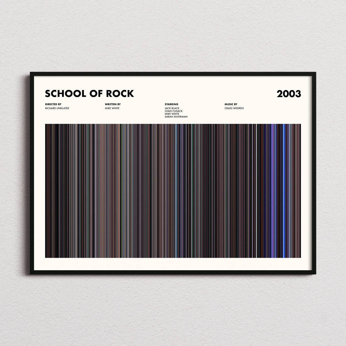 School of Rock Movie Barcode Poster framed and photographed straight on