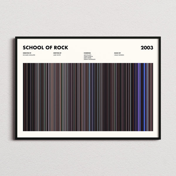 School of Rock Movie Barcode Poster framed and photographed straight on