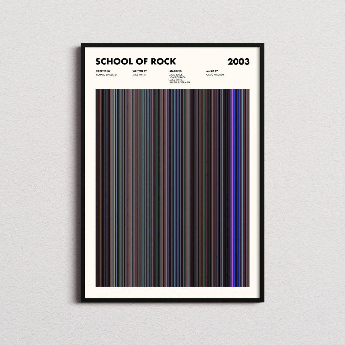 School of Rock Movie Barcode Poster framed on a plain studio wall