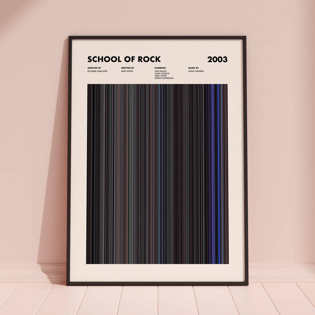 School of Rock Movie Barcode Poster framed and leaning against a coloured wall