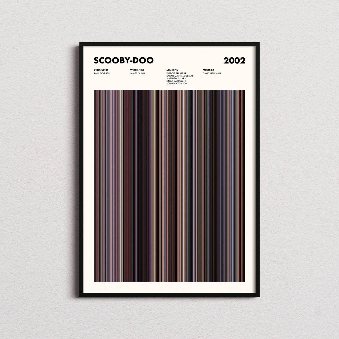 Scooby-Doo Movie Barcode Poster framed on a plain studio wall