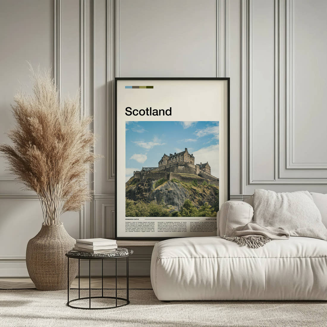Scotland Edinburgh Castle Travel Print framed on the wall of a calm, neutral bedroom
