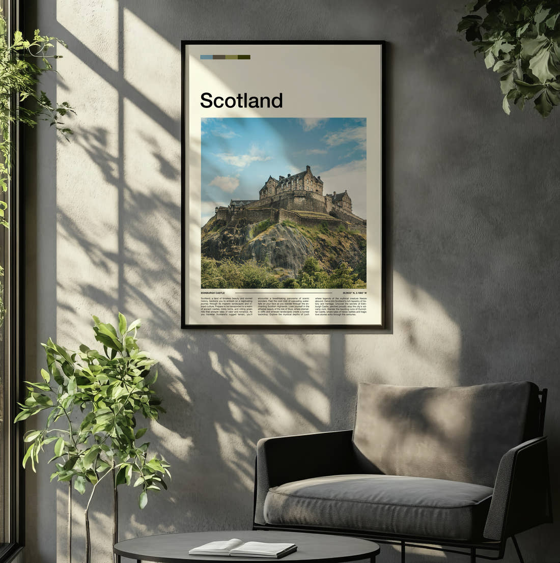 Scotland Edinburgh Castle Travel Print framed on the wall of a relaxed living room