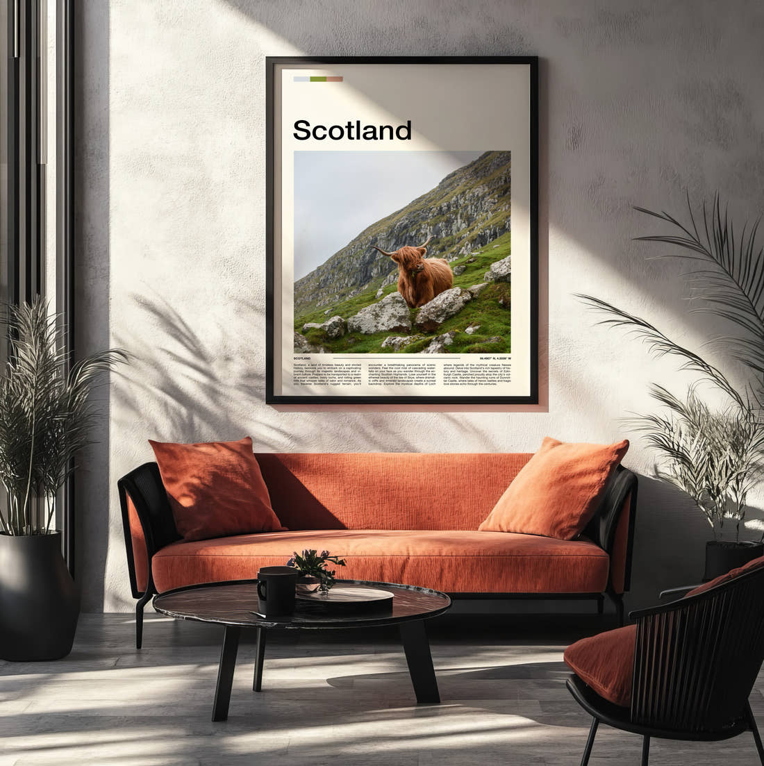 Scotland Highland Cow Travel Print framed on the wall of a modern living room