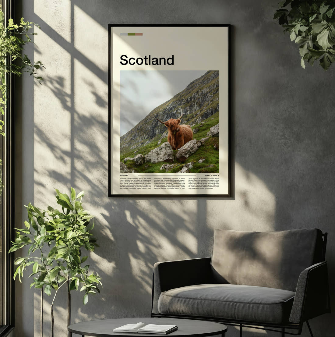Scotland Highland Cow Travel Print framed on the wall of a relaxed living room