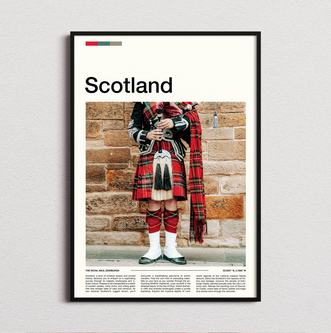Scotland Bagpiper In Kilt Travel Print framed and photographed straight on
