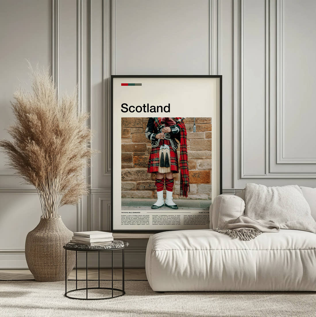 Scotland Bagpiper In Kilt Travel Print framed on the wall of a calm, neutral bedroom