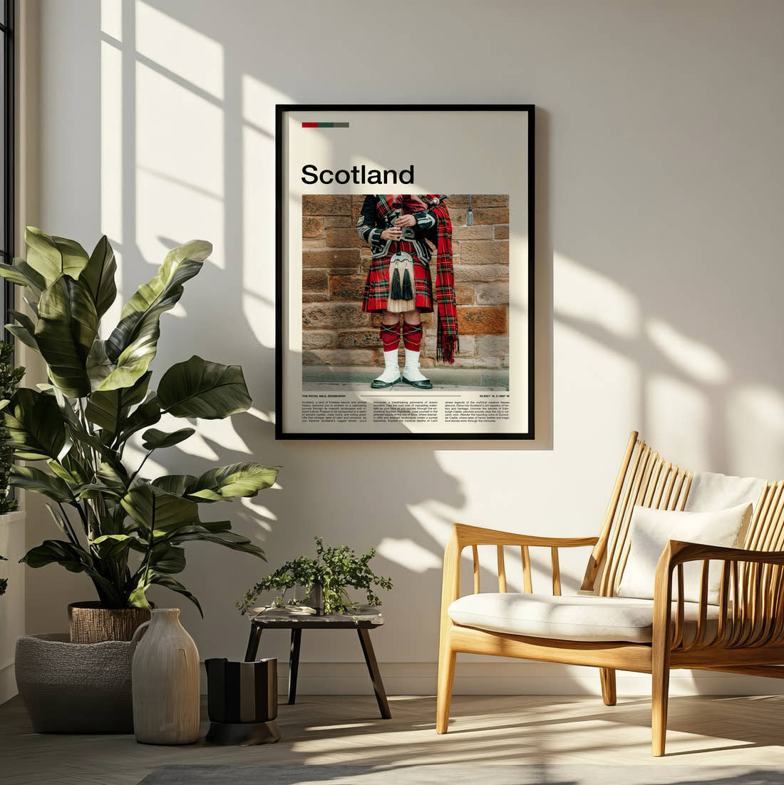 Scotland Bagpiper In Kilt Travel Print framed on a pale wall beside houseplants
