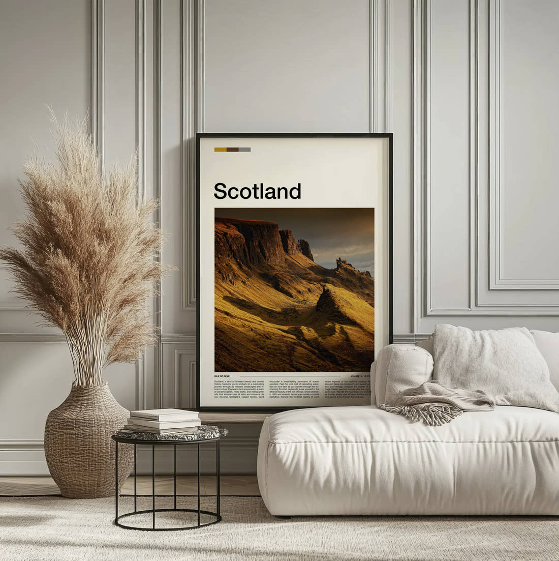 Scotland The Quiraing Travel Print framed on the wall of a calm, neutral bedroom