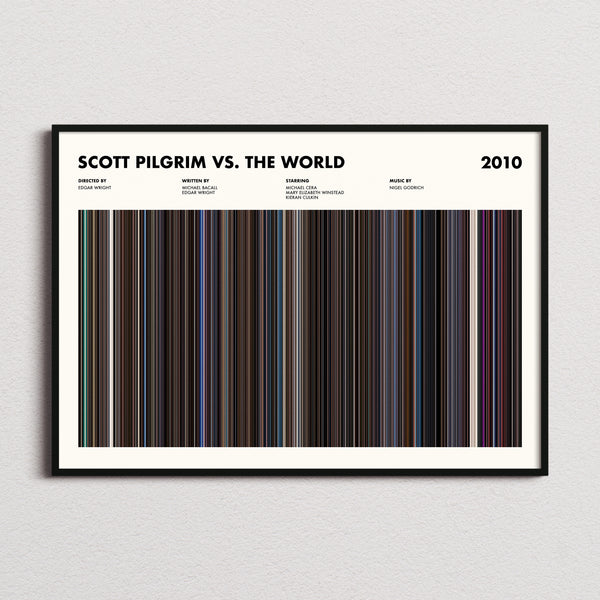 Scott Pilgrim vs. the World Movie Barcode Poster framed and photographed straight on
