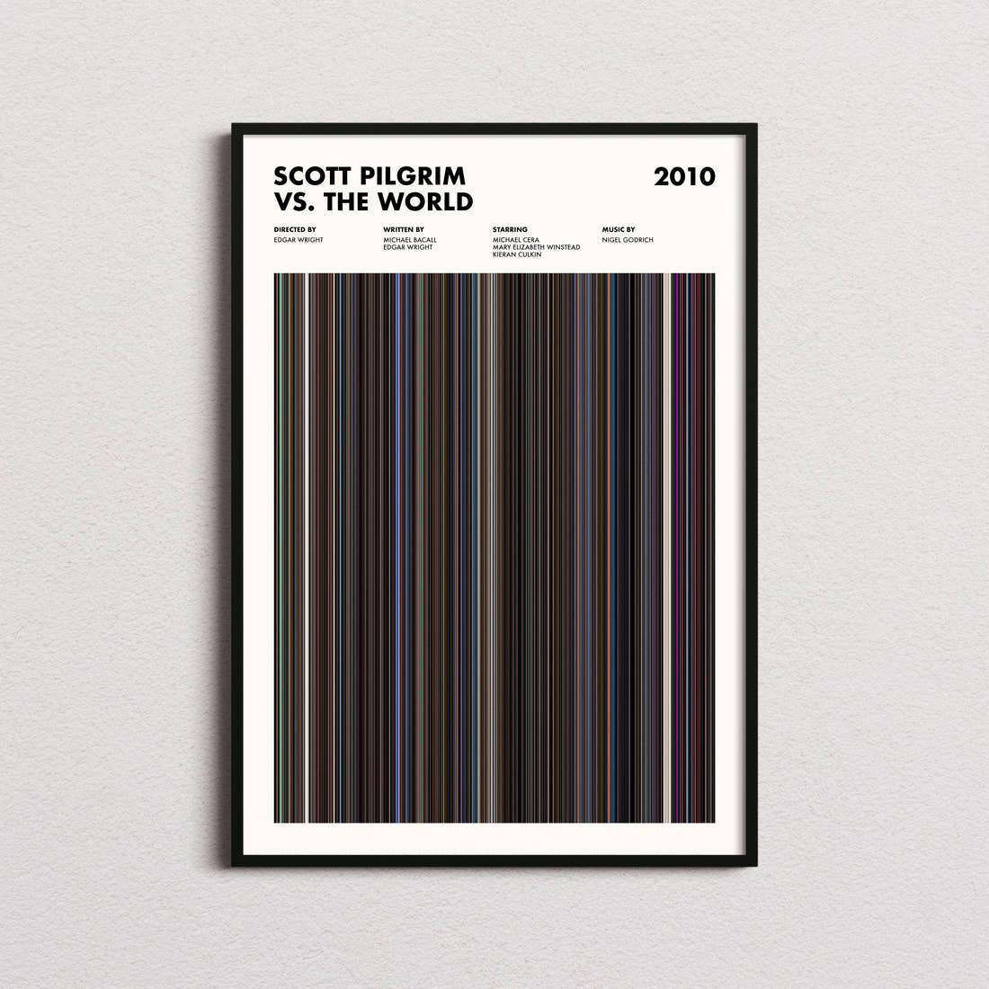 Scott Pilgrim vs. the World Movie Barcode Poster framed on a plain studio wall