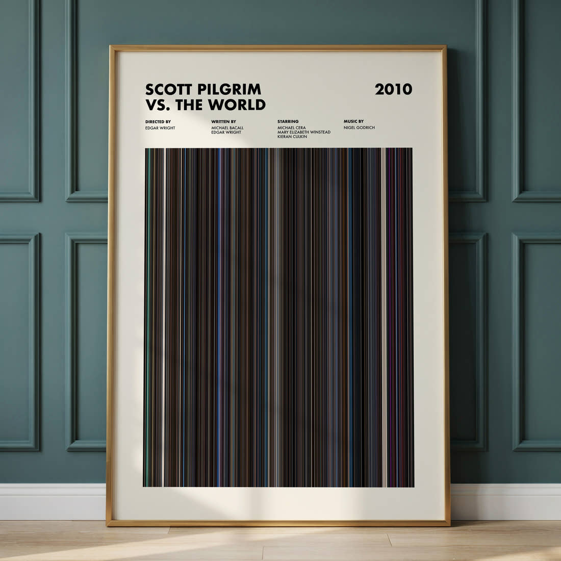Scott Pilgrim vs. the World Movie Barcode Poster framed and leaning against a panelled wall