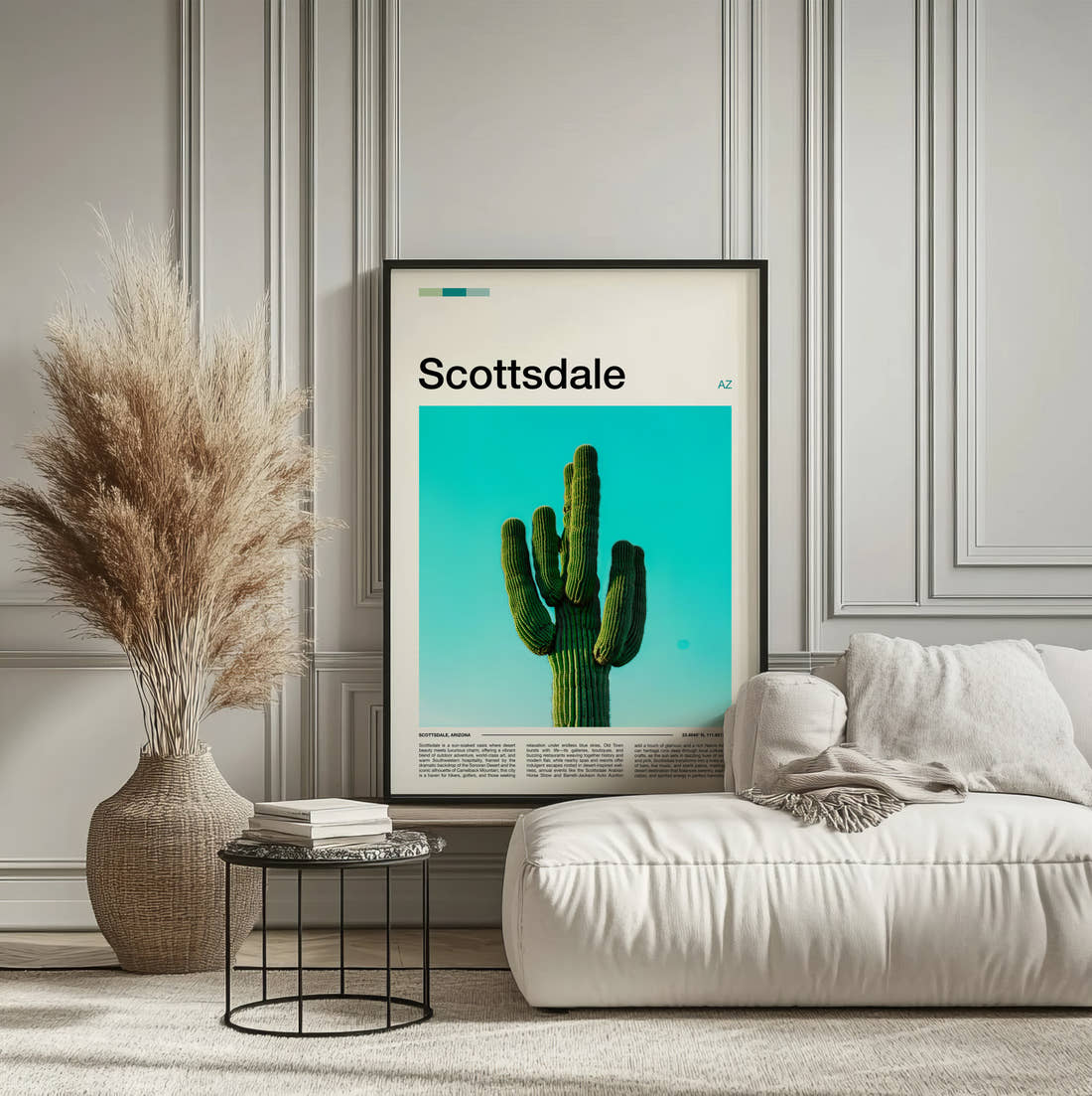 Scottsdale Saguaro Cactus Travel Print framed on the wall of a calm, neutral bedroom