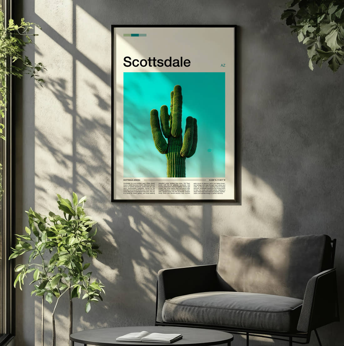Scottsdale Saguaro Cactus Travel Print framed on the wall of a relaxed living room