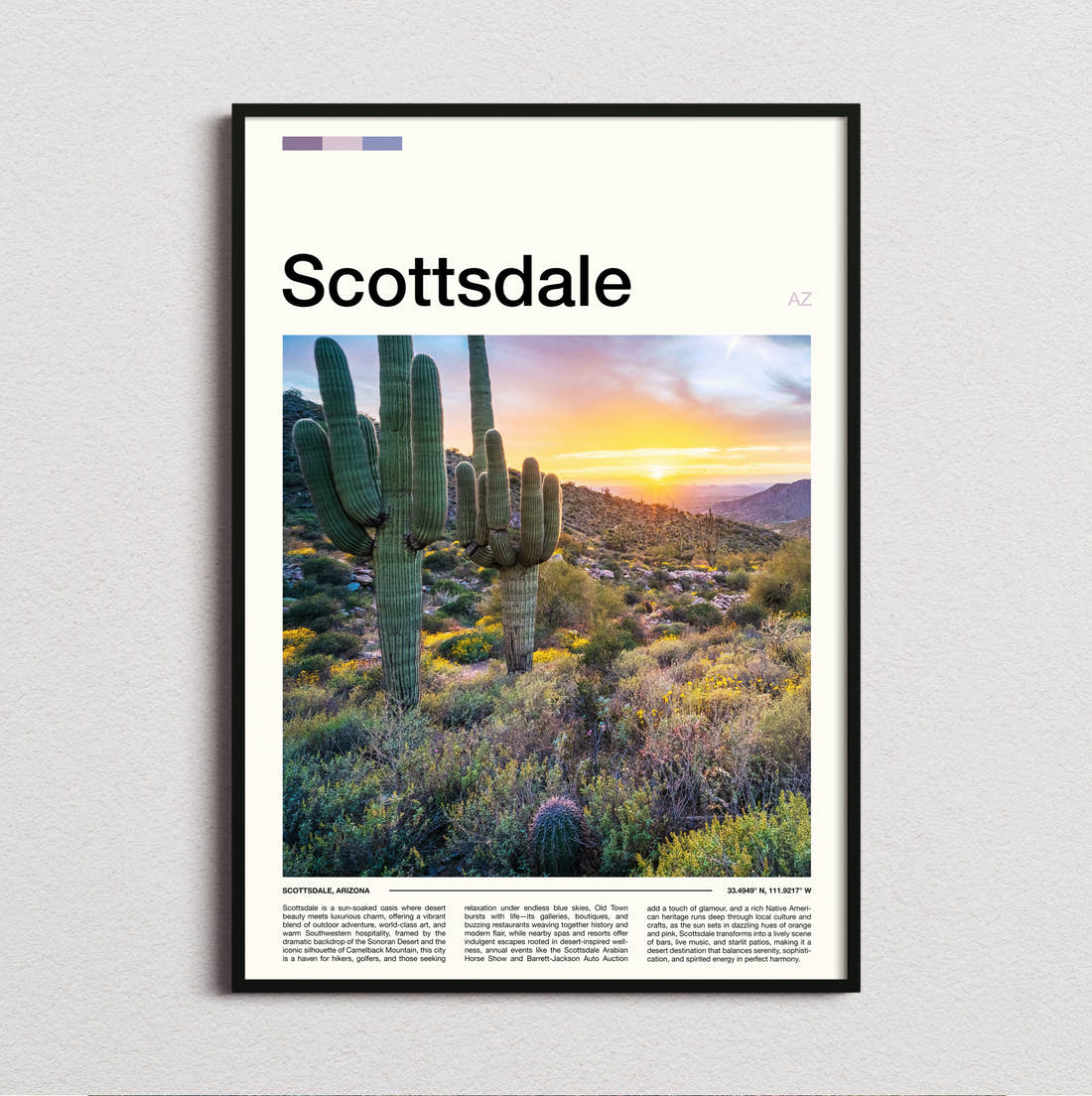 Scottsdale Desert Cacti At Sunset Travel Print framed and photographed straight on