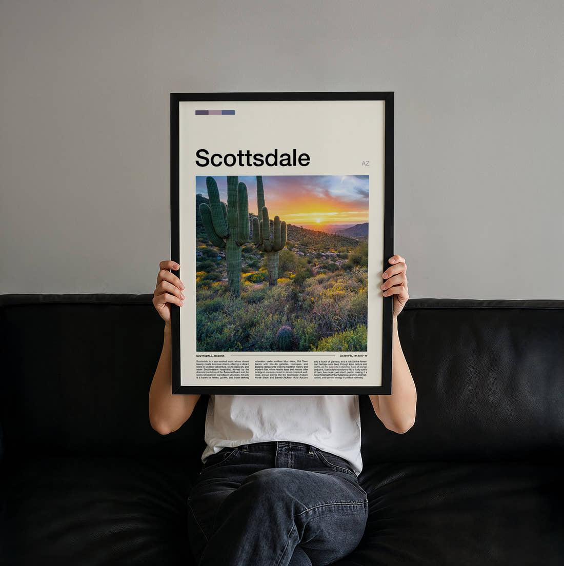 Scottsdale Desert Cacti At Sunset Travel Print held up by hand to show the size of the print