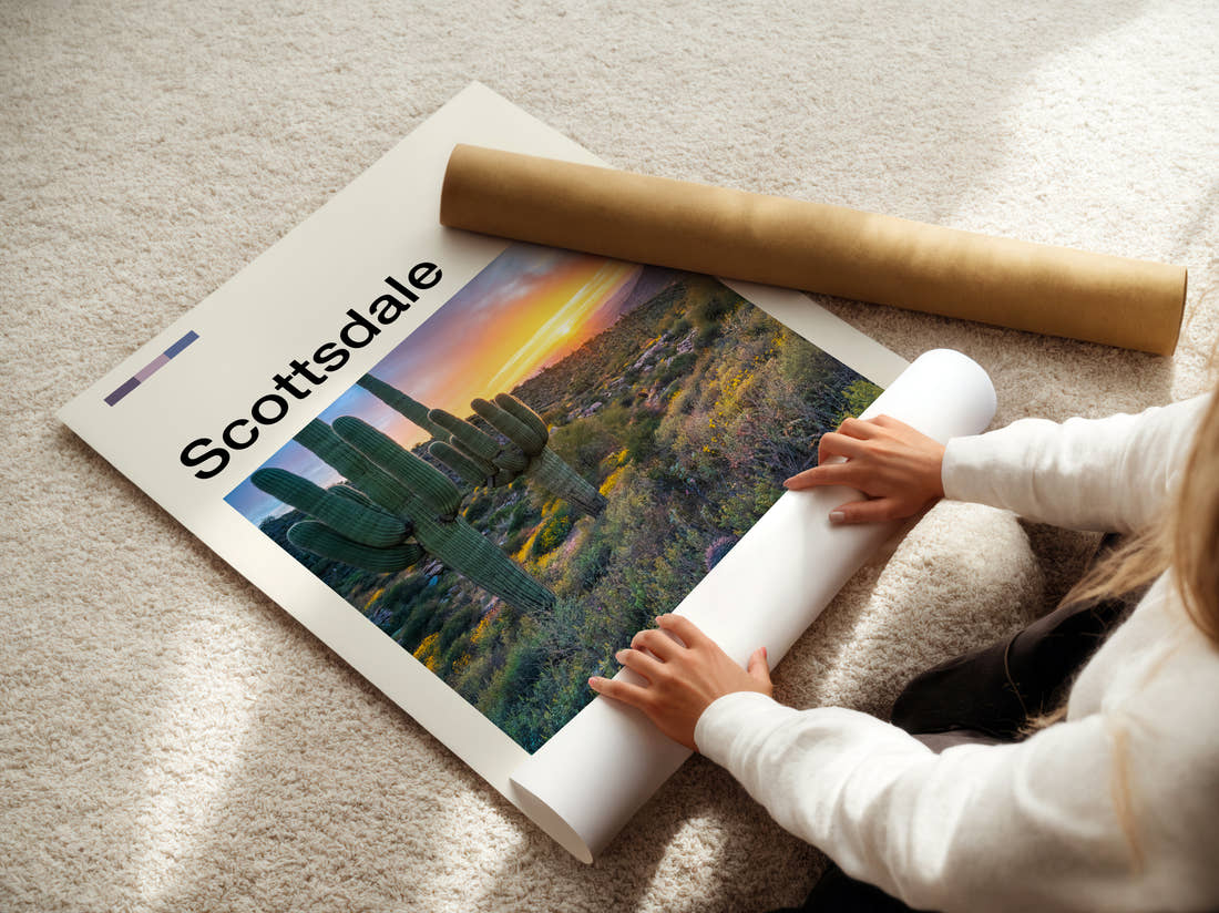 Scottsdale Desert Cacti At Sunset Travel Print being unrolled from its postal tube