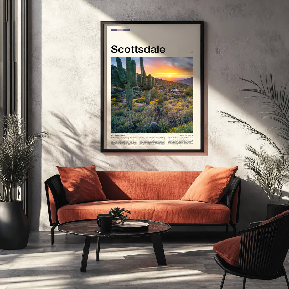 Scottsdale Desert Cacti At Sunset Travel Print framed on the wall of a modern living room