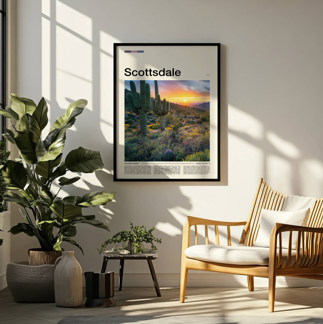Scottsdale Desert Cacti At Sunset Travel Print framed on a pale wall beside houseplants