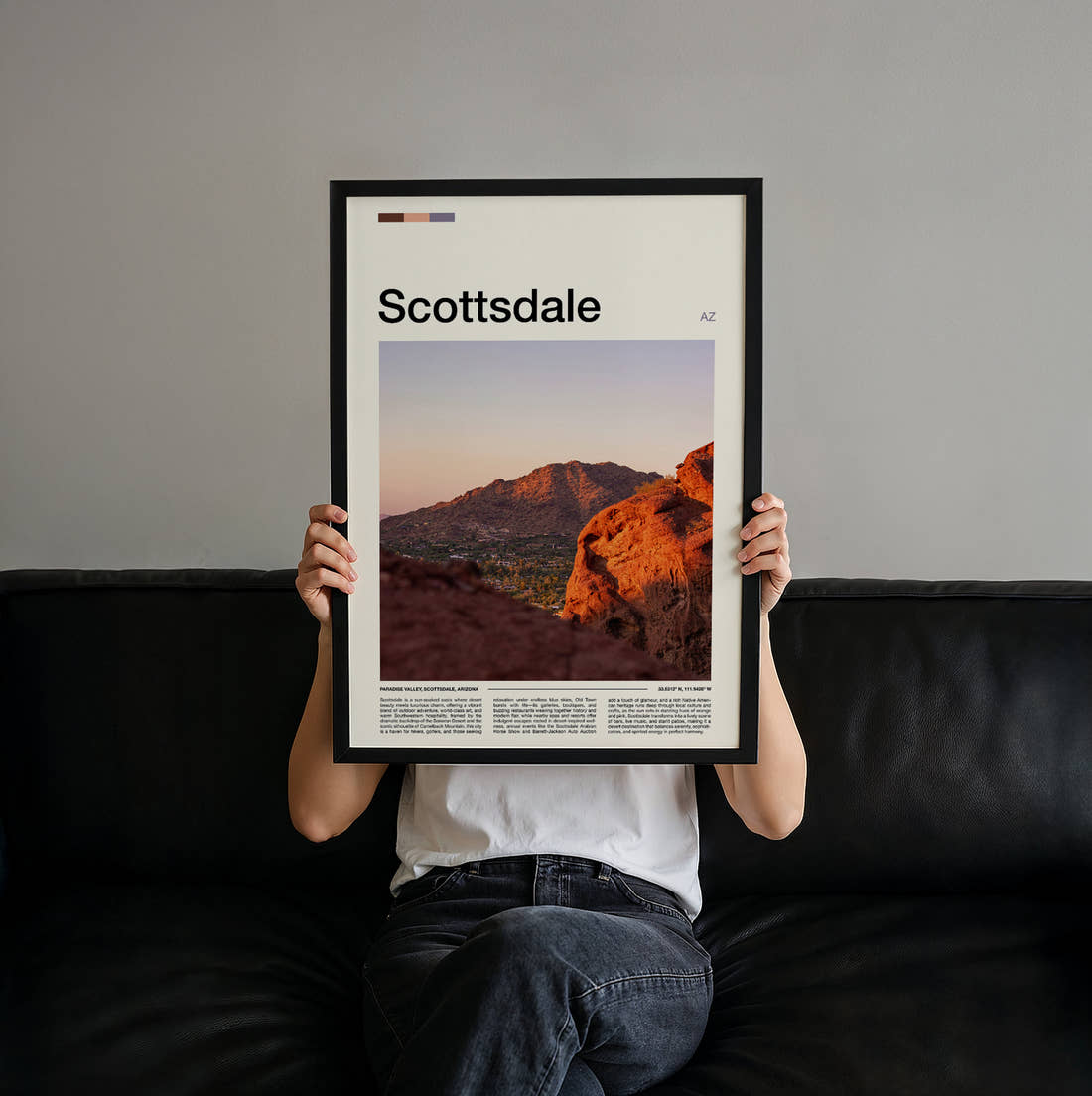 Scottsdale Red Rock Mountain Travel Print held up by hand to show the size of the print