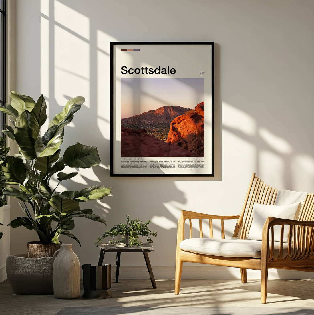 Scottsdale Red Rock Mountain Travel Print framed on a pale wall beside houseplants