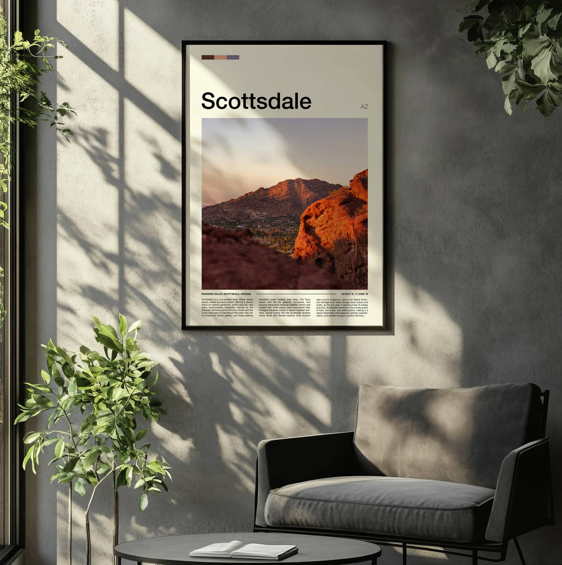 Scottsdale Red Rock Mountain Travel Print framed on the wall of a relaxed living room