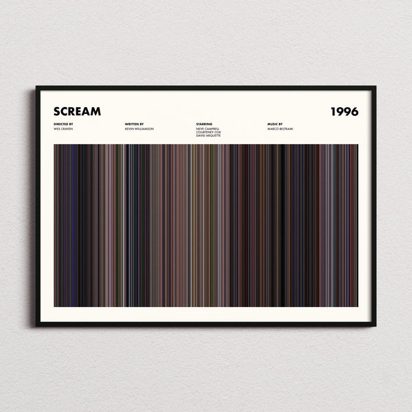 Scream Movie Barcode Poster framed and photographed straight on