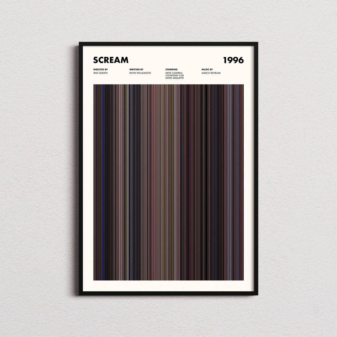 Scream Movie Barcode Poster framed on a plain studio wall