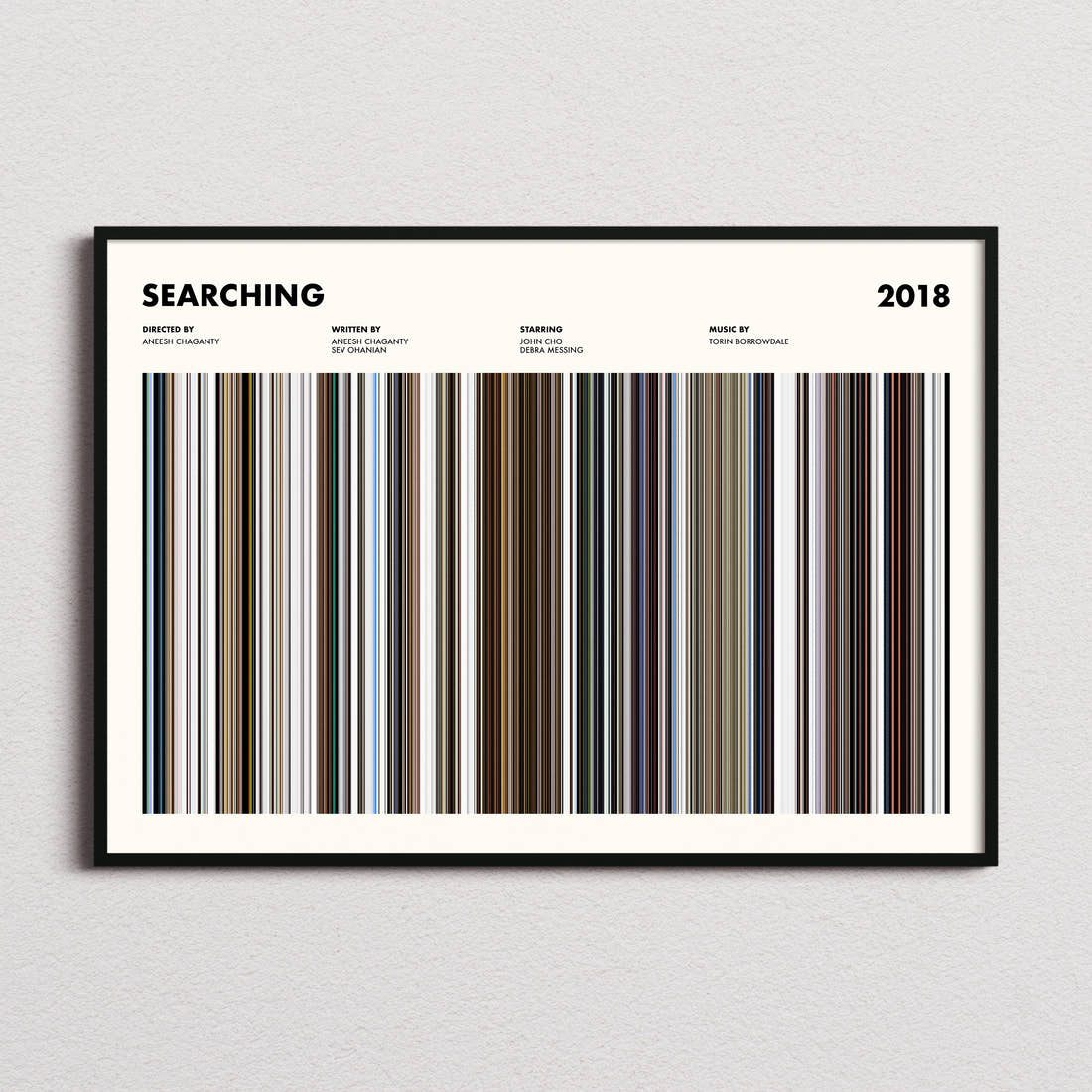 Searching Movie Barcode Poster framed and photographed straight on