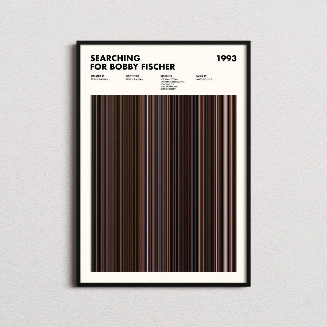 Searching For Bobby Fischer Movie Barcode Poster framed on a plain studio wall
