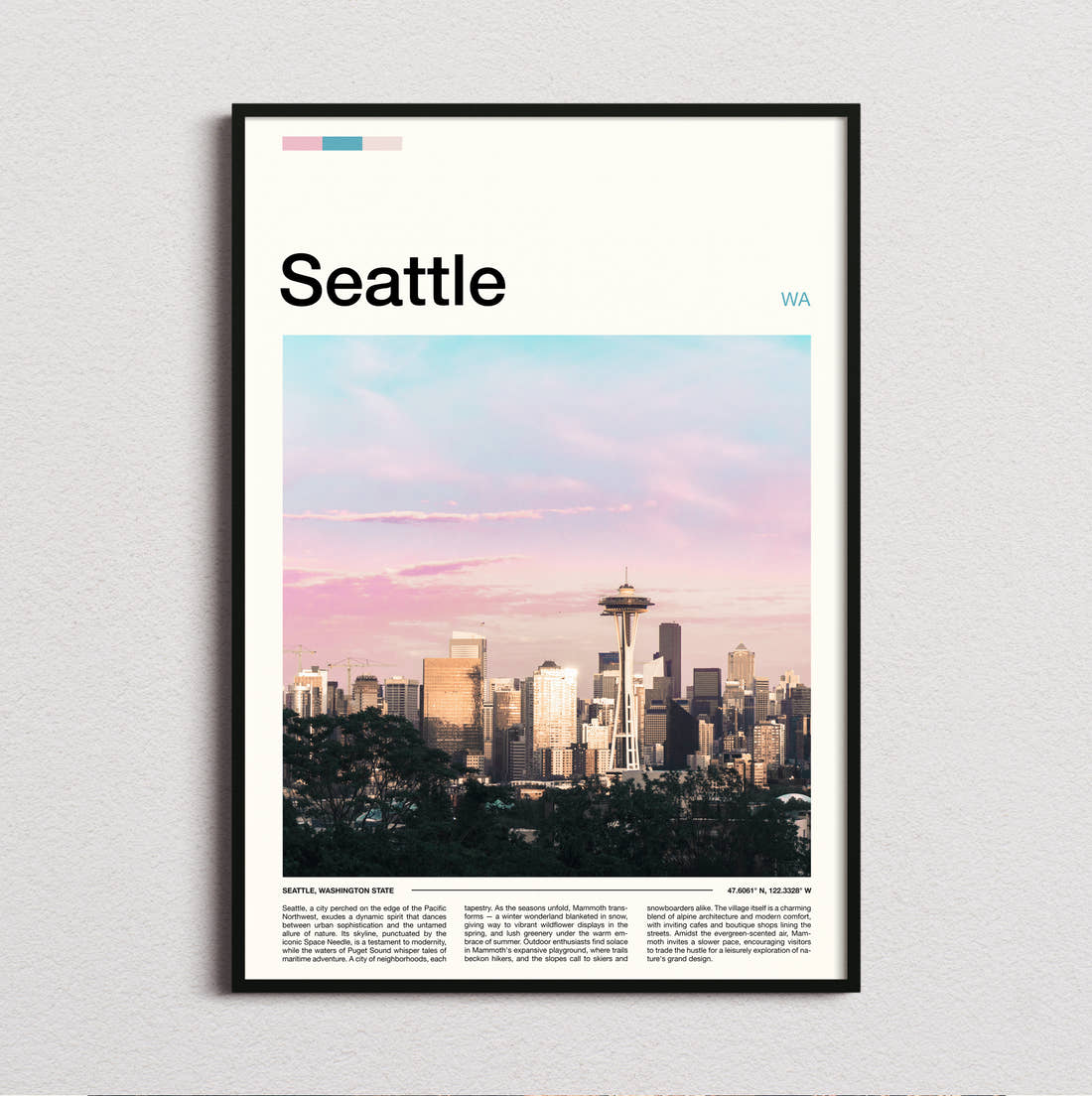 Seattle Skyline With Space Needle Travel Print framed and photographed straight on