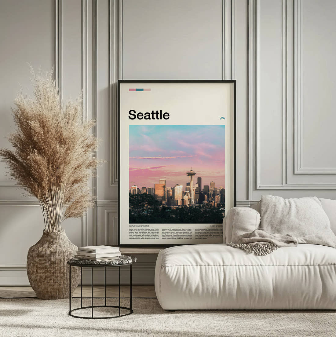 Seattle Skyline With Space Needle Travel Print framed on the wall of a calm, neutral bedroom