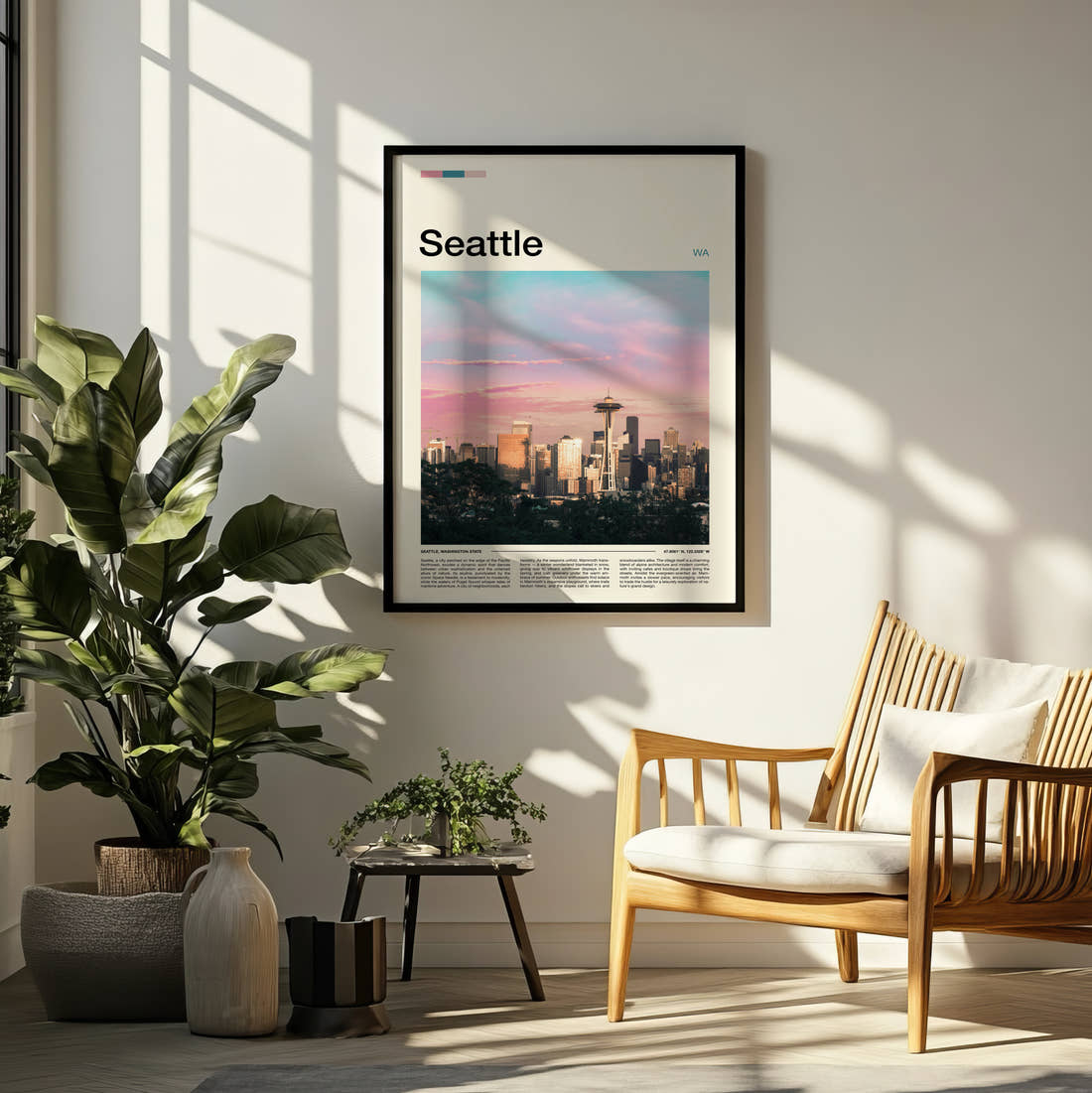 Seattle Skyline With Space Needle Travel Print framed on a pale wall beside houseplants