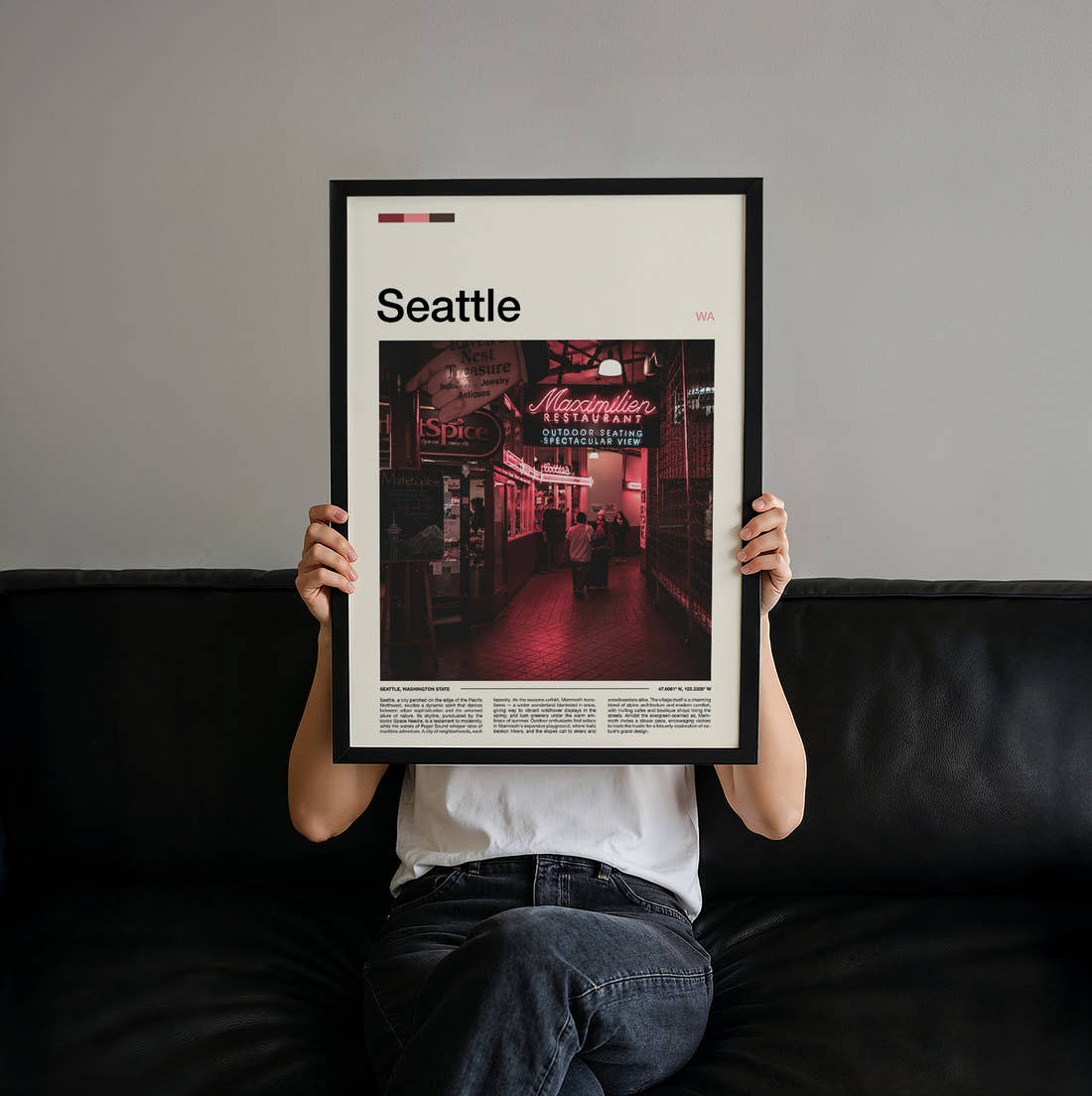 Seattle Market Neon Signs Travel Print held up by hand to show the size of the print