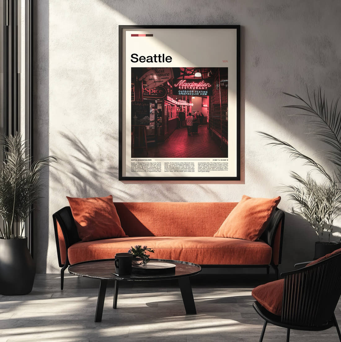 Seattle Market Neon Signs Travel Print framed on the wall of a modern living room