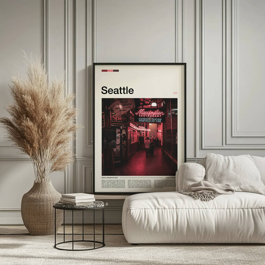 Seattle Market Neon Signs Travel Print framed on the wall of a calm, neutral bedroom