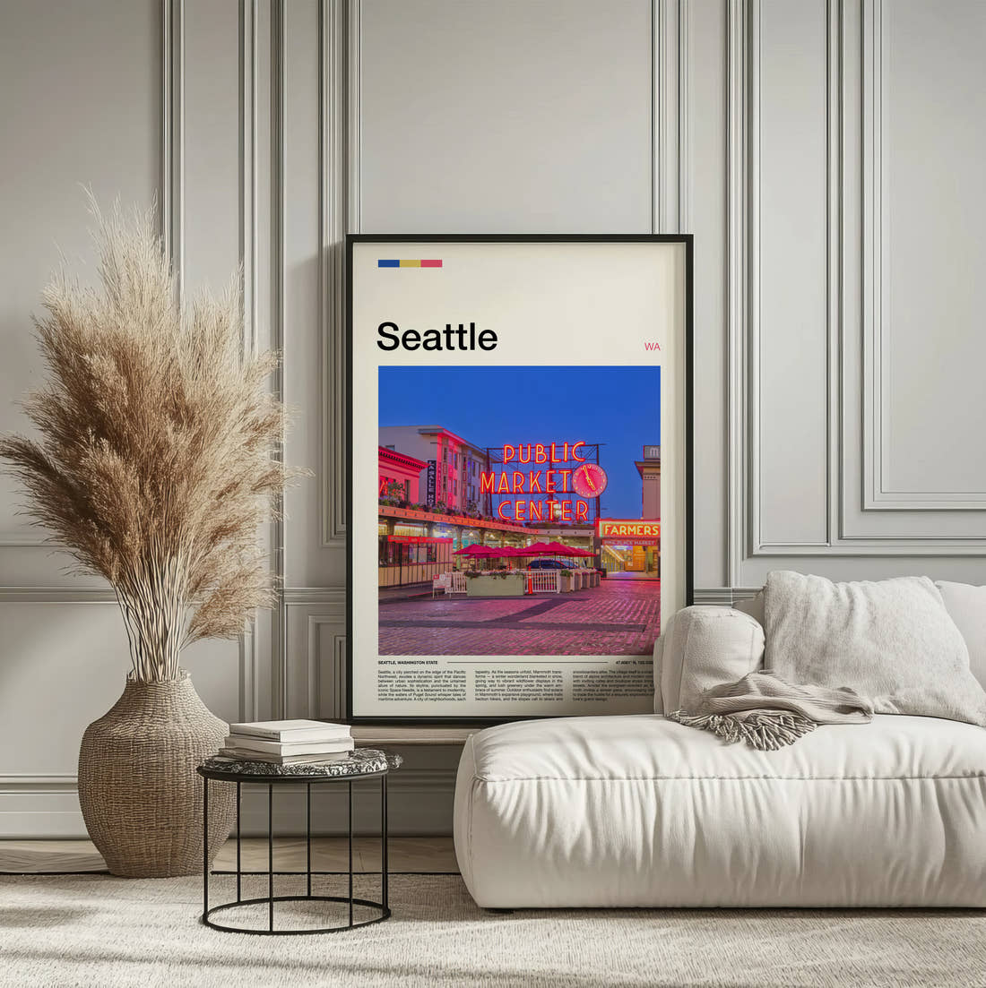 Seattle Public Market Sign At Dusk Travel Print framed on the wall of a calm, neutral bedroom