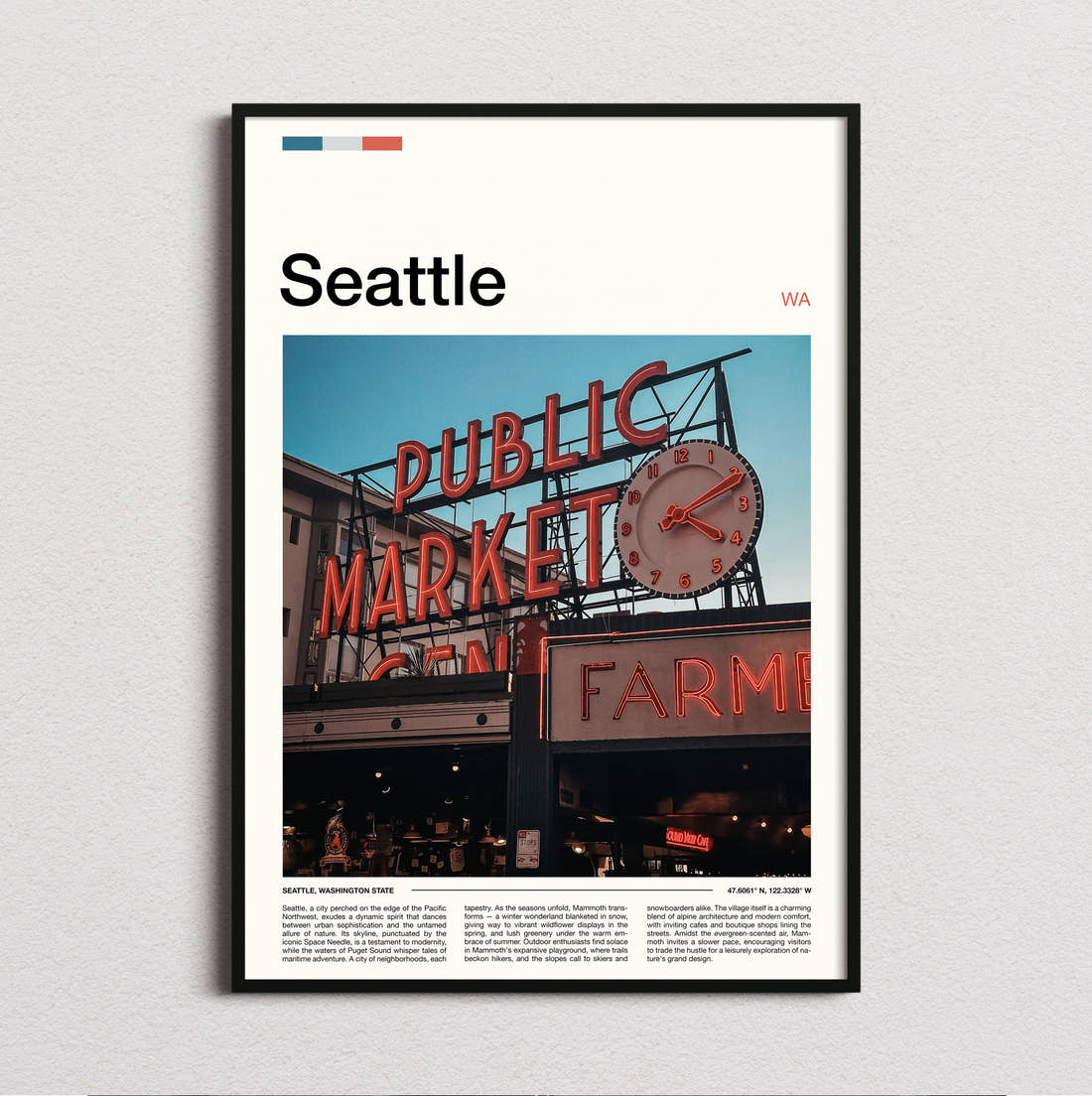 Seattle Glowing Public Market Sign Travel Print framed and photographed straight on
