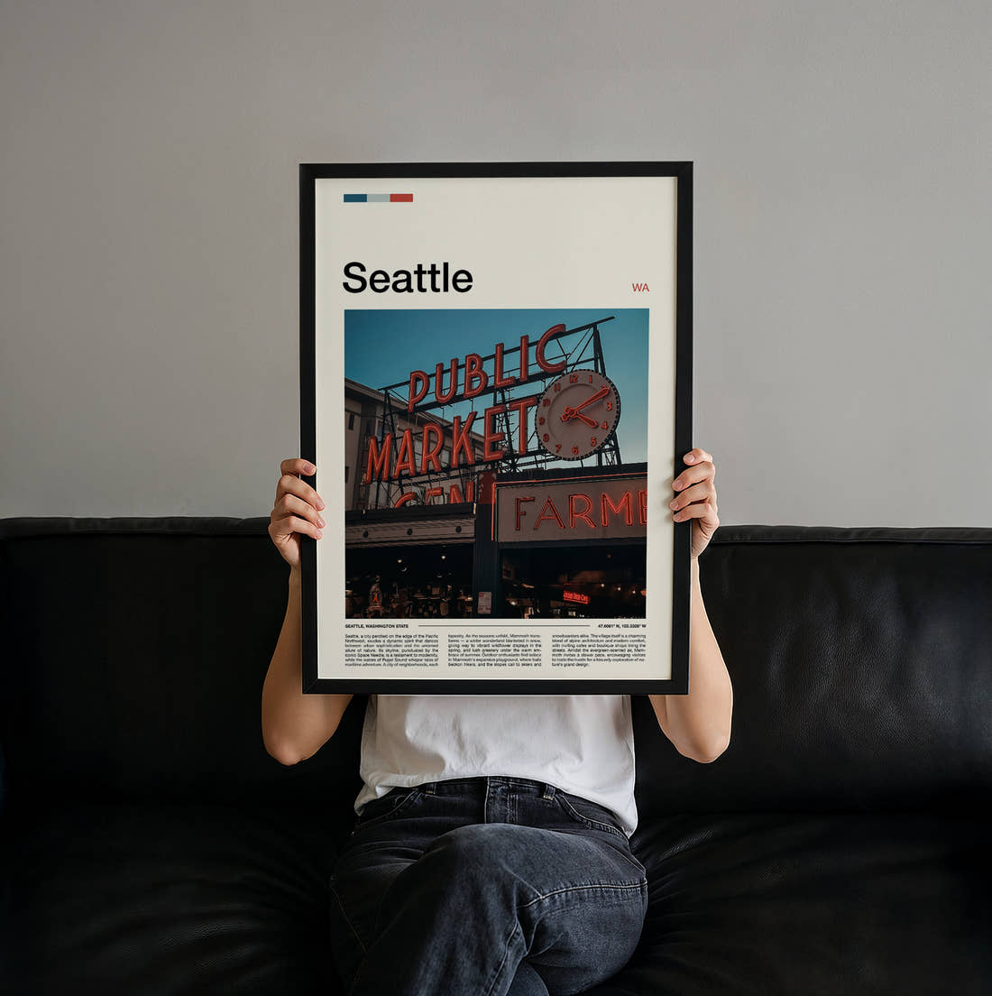 Seattle Glowing Public Market Sign Travel Print held up by hand to show the size of the print