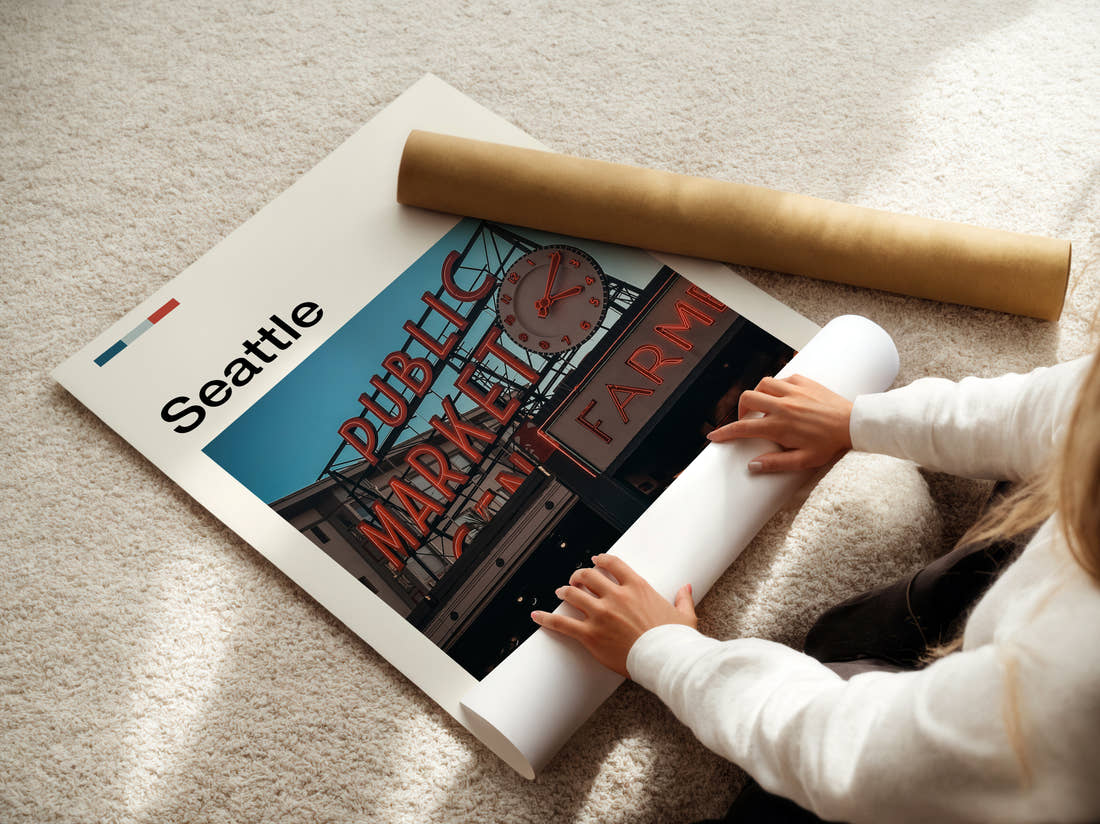 Seattle Glowing Public Market Sign Travel Print being unrolled from its postal tube