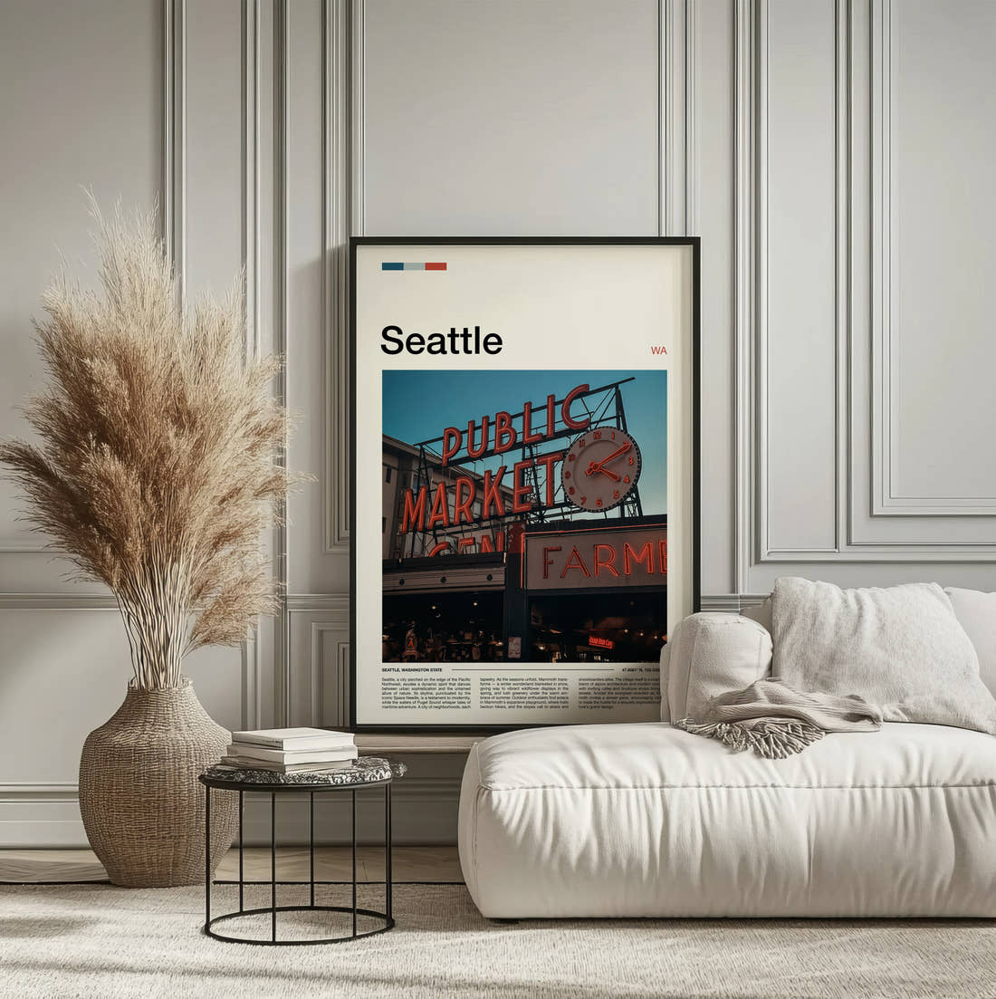 Seattle Glowing Public Market Sign Travel Print framed on the wall of a calm, neutral bedroom