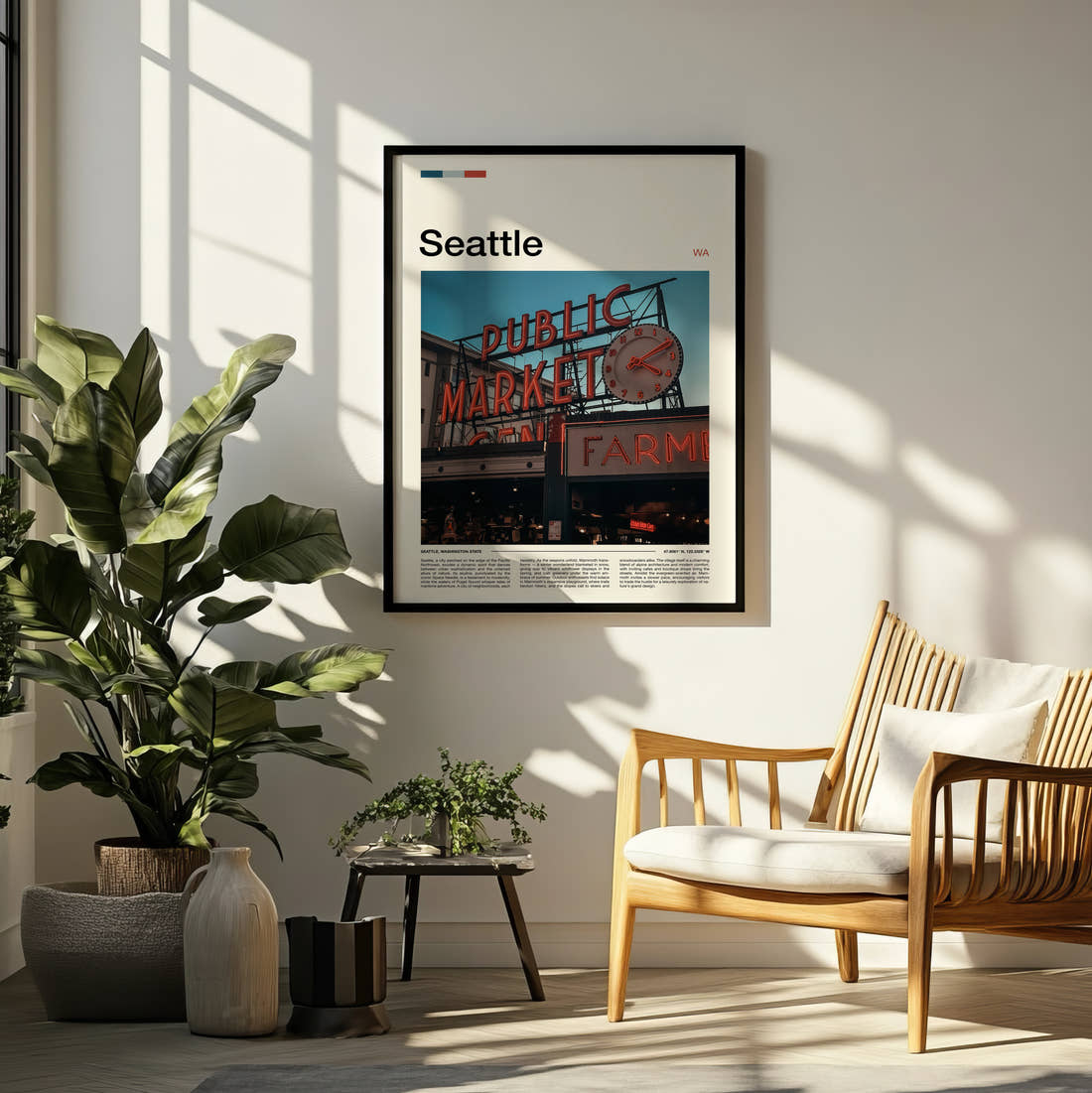 Seattle Glowing Public Market Sign Travel Print framed on a pale wall beside houseplants