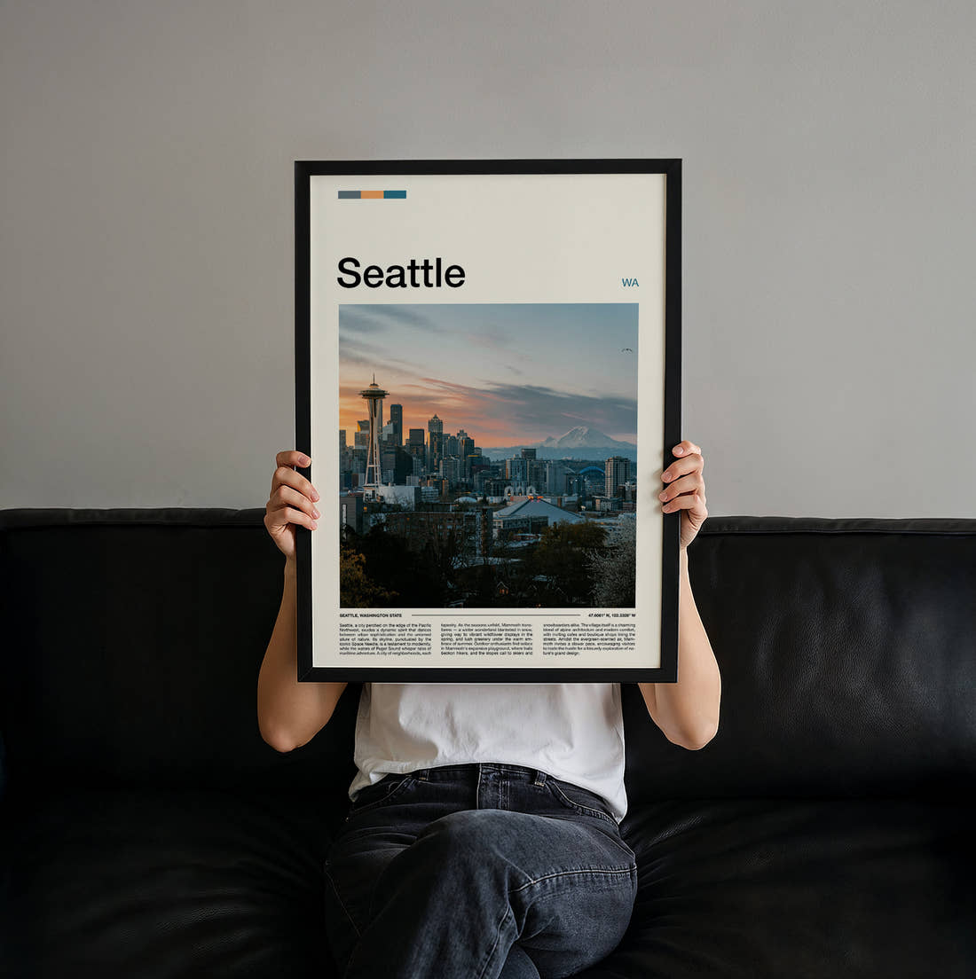 Seattle Skyline And Mount Rainier Travel Print held up by hand to show the size of the print