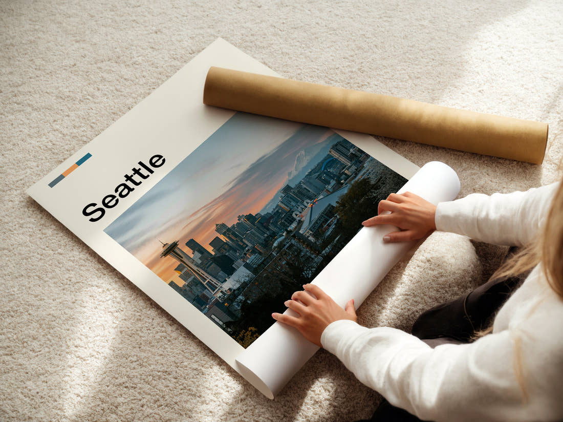 Seattle Skyline And Mount Rainier Travel Print being unrolled from its postal tube