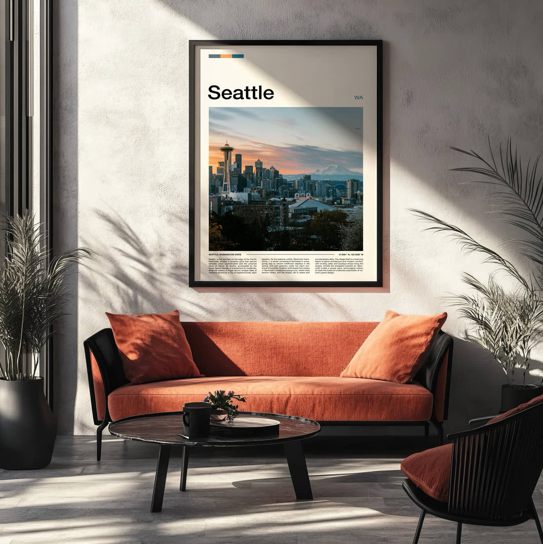Seattle Skyline And Mount Rainier Travel Print framed on the wall of a modern living room