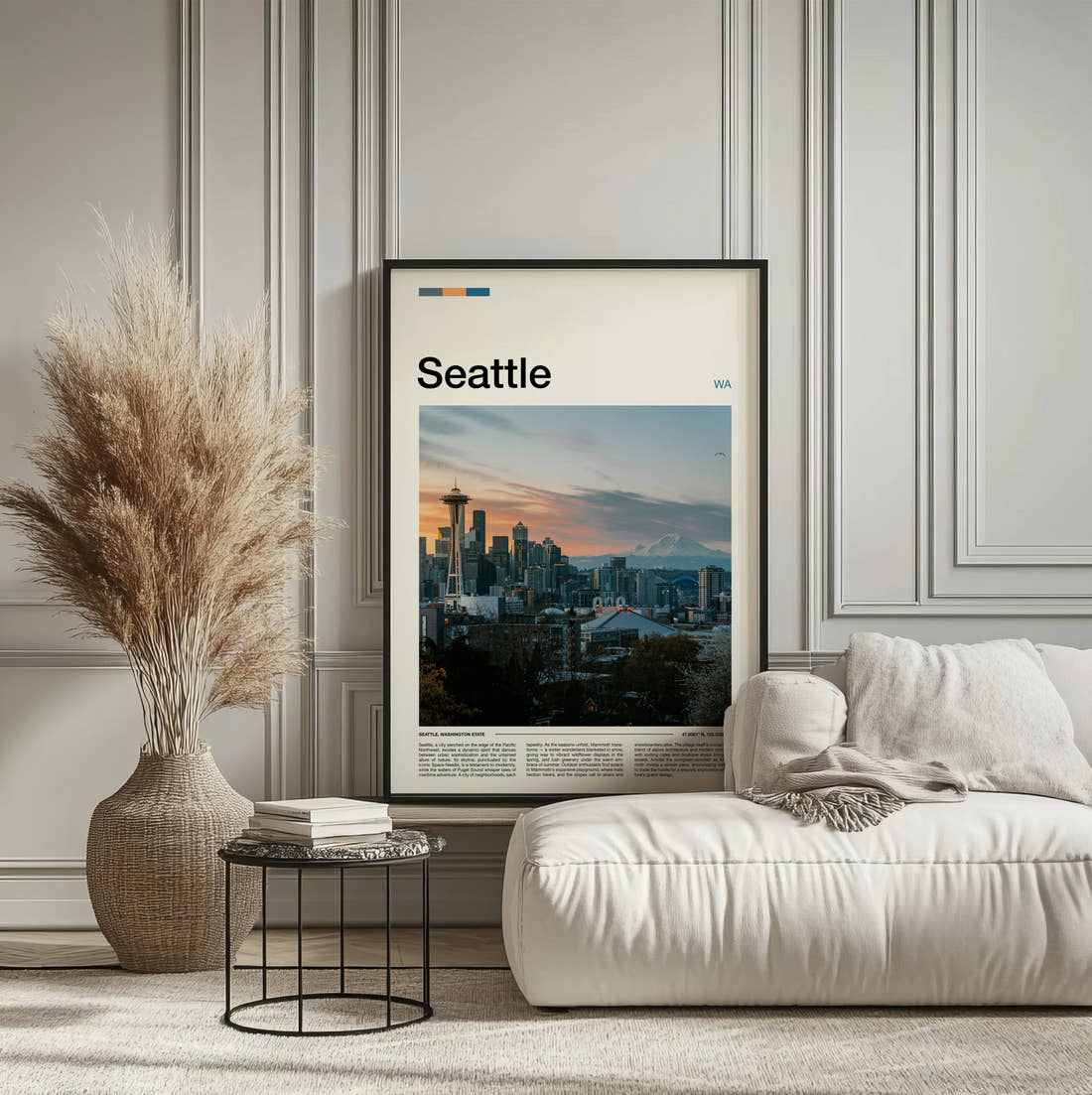 Seattle Skyline And Mount Rainier Travel Print framed on the wall of a calm, neutral bedroom