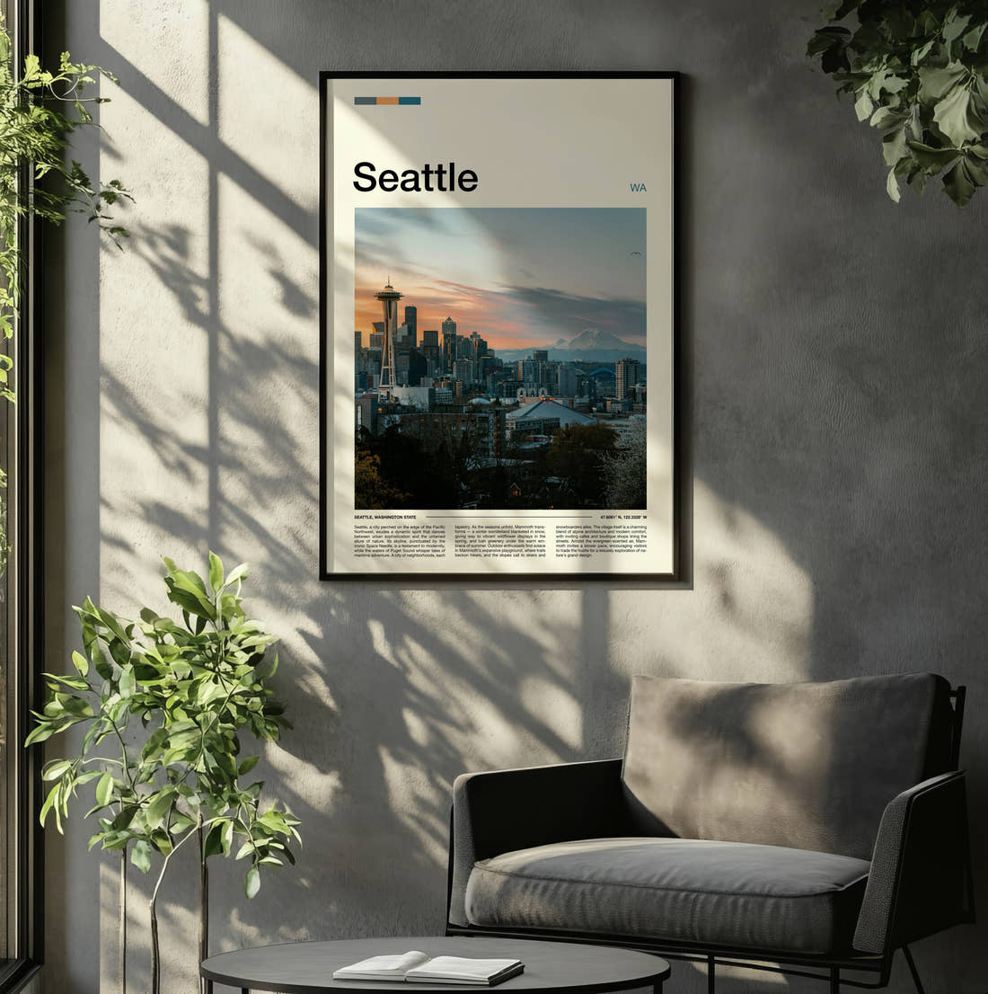 Seattle Skyline And Mount Rainier Travel Print framed on the wall of a relaxed living room