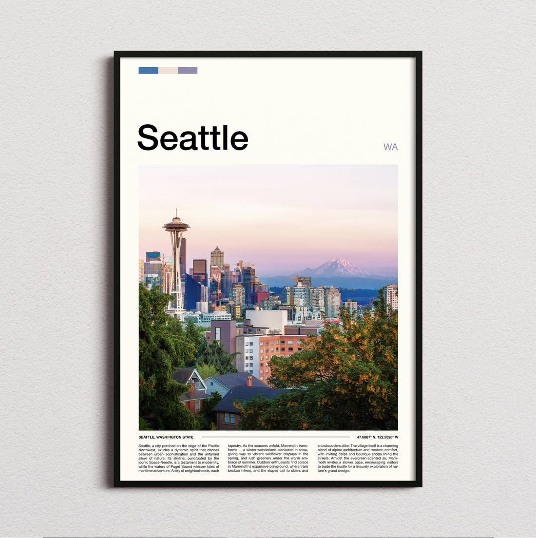 Seattle Space Needle Above The Skyline Travel Print framed and photographed straight on